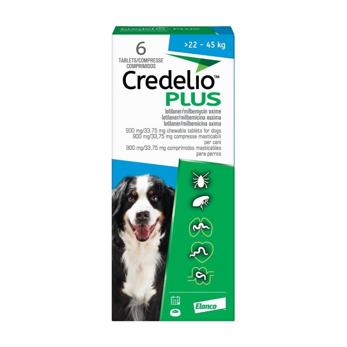 Credelio Plus Flea, Tick & Worm Chewable Tablets for Dogs 22–45kg - 6 Tablets